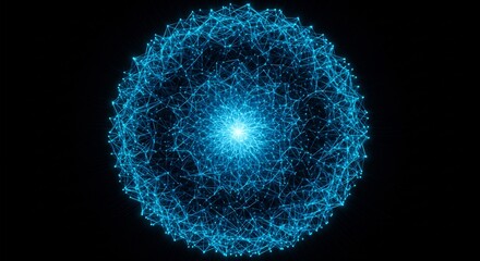 A glowing blue sphere composed of interconnected nodes and lines against a black background A central point emanates light