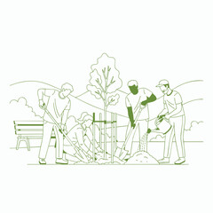 Community volunteers planting a tree in a park, surrounded by hills and a bench, promoting environmental awareness