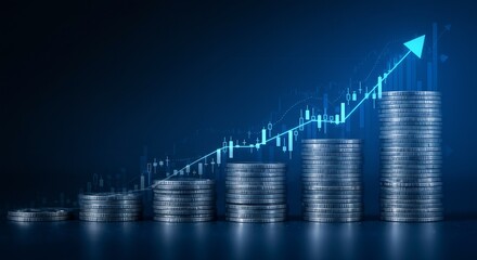 Stacks of coins with an upward arrow and stock chart overlay against a blue background
