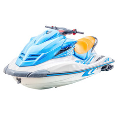 Naklejka premium Bright Blue and Yellow Personal Watercraft on White Background with Detailed Design Features