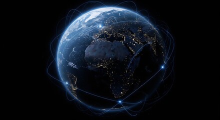 A night view of Earth with city lights and orbital lines depicting global connection set against a black backdrop