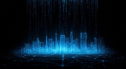 A blue digital city skyline Binary code streams down Network lines connect on the ground