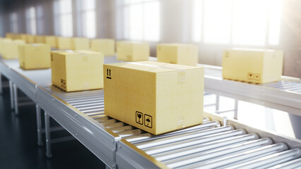 Cardboard boxes on conveyor belt rollers - Shipping goods, parcels, delivery concept. 3d illustration