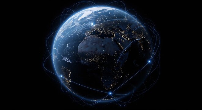 A night view of Earth with city lights and orbital lines depicting global connection set against a black backdrop