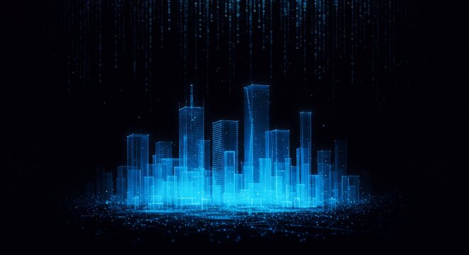 Illuminated blue city skyline overlaid with falling binary code against a black background Buildings have a wireframe appearance