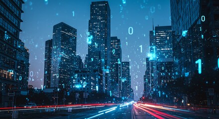 A cityscape at dusk with high-rise buildings a road with light trails and binary code floating