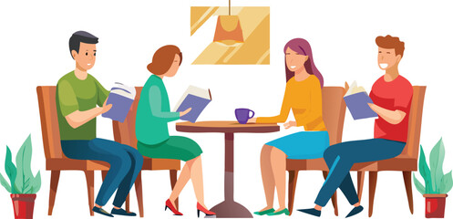 People sitting at a table, engaged in reading various books, creating a quiet and focused atmosphere