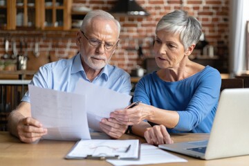 An elderly couple reviews financial documents at home, discussing their budget and investments.