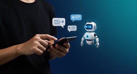 A person holds a smartphone with a 3D robot and speech bubbles against a gradient blue background