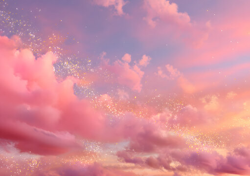 Dreamy soft pink and golden sunset sky with gentle couds and subtle glitter efects