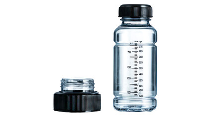 Transparent water bottle with measurement marks and open cap on transparent background
