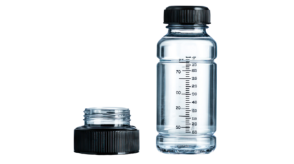 Transparent water bottle with measurement marks and open cap on transparent background