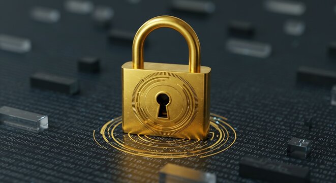 A gold padlock with a keyhole on a surface with binary code