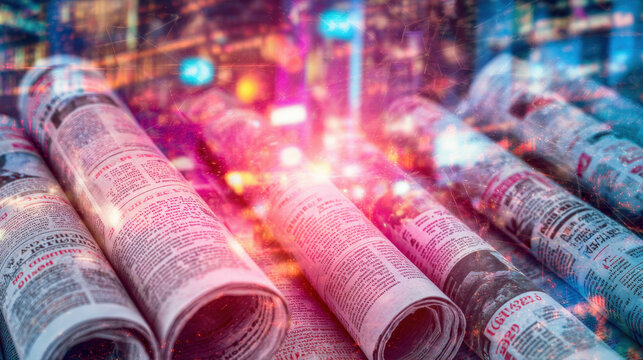 Misty old newspapers and radios fade as sharp holographic smartphones and tablets highlight the rise of digital technology replacing traditional media