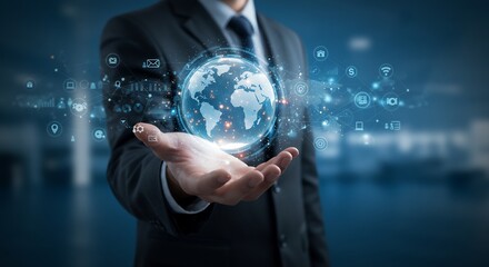 A persons open palm supports a glowing globe with digital icons The person wears a suit The backdrop is blurred