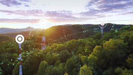 Aerial shot of three towers radiating data particles across the forest landscape, representing wireless transmission and digital connectivity at sunrise - Powered by Adobe