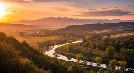Naklejka premium Sunrise Over a Winding River Valley.