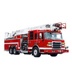 Bright Red Fire Truck with Extended Ladder and Firefighting Equipment on Public Street