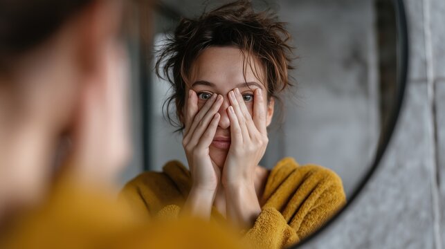 Femme fatiguée couvrant son visage avec ses mains devant un miroir