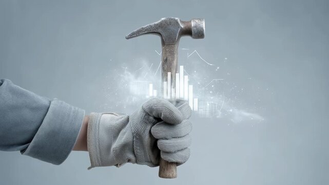 Upskilling and Reskilling in Learning and Development concept, Hand holding hammer with digital business graph overlay on gray background
