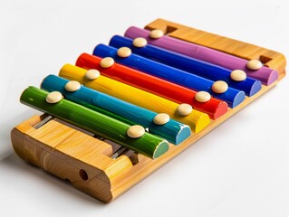 Obraz premium Colorful wooden xylophone resting on a white surface showcasing its vibrant tones