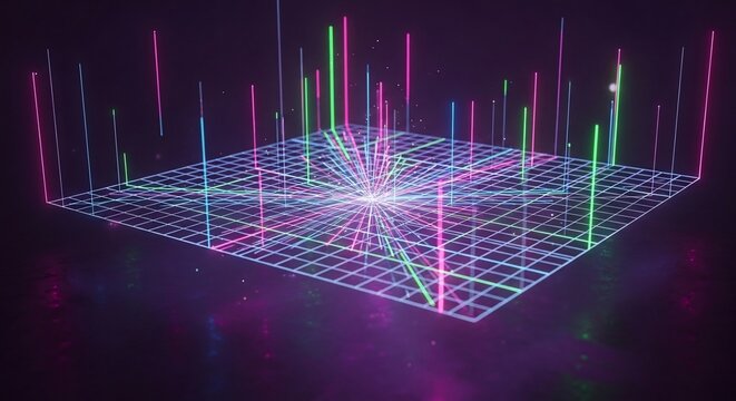 Cosmic Data Matrix Luminous Neon Beams Rise from a Glowing Grid.