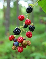 A cluster of vibrant red, dark purple, and black raspberries and blackberries hangs from a branch against a blurred background of green foliage.