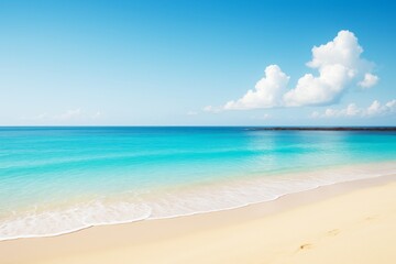 Obraz premium Tropical beach with clear turquoise water, golden sand and fluffy clouds in blue sky, perfect natural background for relaxation and travel concepts.