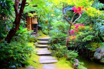 Lush Japanese garden path with moss, steps, and vibrant flowers