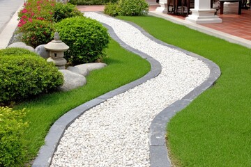 Winding white pebble path through lush green lawn, bordered by dark stone edging, accented with landscaping