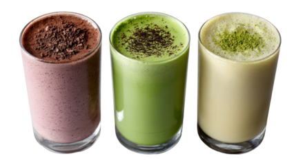 Trio of protein smoothies in different colors chocolate vanilla and strawberry on transparent background