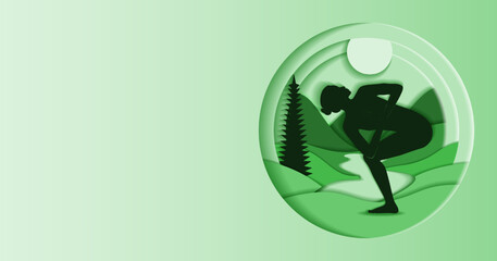 Horizontal template. Parivritta Utkatasana yoga pose. Revolved Chair pose. Paper cut design. Isolated vector illustration.