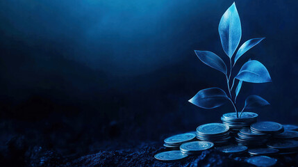 Green plant growing on pile of coins in dark environment symbolizes the relationship between finance and sustainability Generative AI