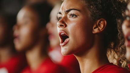 A passionate young woman sings energetically, expressing her emotions in a vibrant group performance, showcasing enthusiasm and unity.