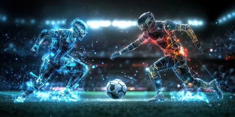 Two stylized soccer players, depicted as glowing figures, compete for a ball on a vibrant field under stadium lights.