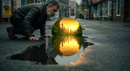 Man sees future city reflected in puddle symbolizing hope