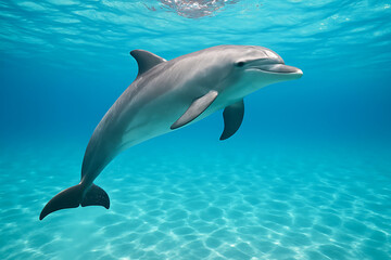 Fototapeta premium Dolphin swims gracefully underwater, showcasing its sleek body and playful nature vibrant blue