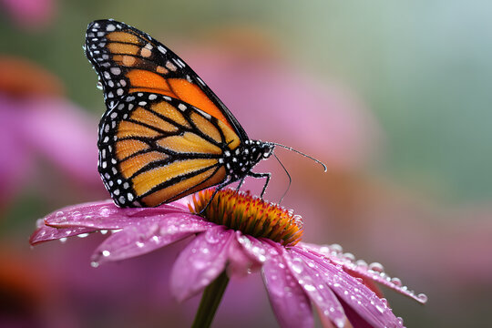Stunning monarch butterfly rests on vibrant pink conflower with morning dew drps sparkling gently