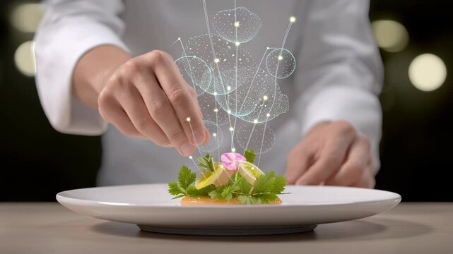 Upskilling and Reskilling in Learning and Development concept, Chef plating gourmet dish with digital food technology in professional kitchen