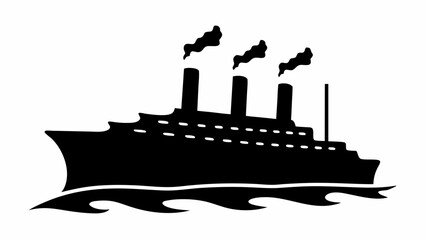 Obraz premium Silhouette of a large steamship with three smokestacks sailing on wavy water against a white background