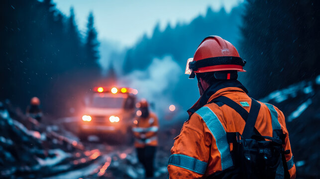 Dedicated First Responder in Protective Gear Overseeing Challenging Outdoor Emergency Scene with Flashing Rescue Vehicle Lights and Distant Colleagues in Hazy Forest - Powered by Adobe