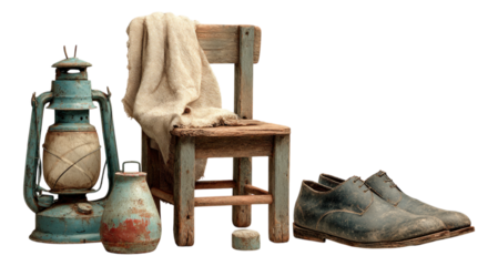 Vintage Scene with Chair, Lantern, Shoes, and Fabric on Isolated Background