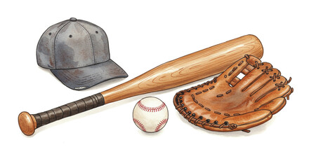 A baseball cap, a baseball bat, a baseball, and a baseball glove on a white background together still life