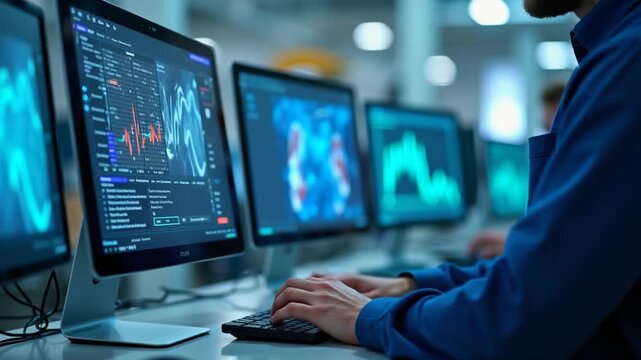 Vertical Smart factory employee typing on PC keyboard, testing automated systems, doing maintenance. Industry 4.0 plant staff member using computer to inspect equipment and repair bugs, camera A