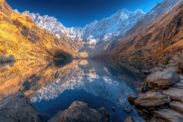 Fototapeta premium Serene alpine lake reflecting snow-capped peaks