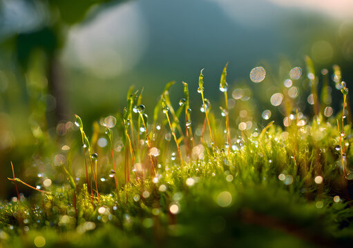 Macro view of vibrant green moss covered in sparklin morning dew drops, with sft bokeh background