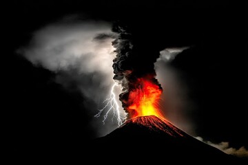 Volcanic eruption with lightning.  Dark clouds of smoke billow from a fiery mountaintop, illuminated by intense lava flow and a dramatic lightning strike