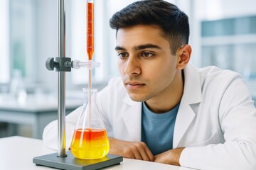 Young scientist in lab coat conducting liquid experiment with burette and flask on bright background, focused on chemical process in laboratory setting. Ai generative