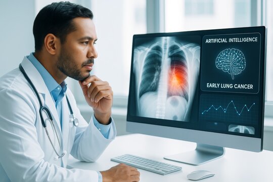 Doctor analyzing AI-generated lung cancer detection image on computer screen with medical charts and X-ray on light background in hospital lab. Ai generative