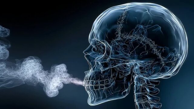 Smoking has a fatal effect on health, and the skeleton exhales smoke from its mouth.  Lungs are filled with dense vapor, which stands for addiction and harmful harm.